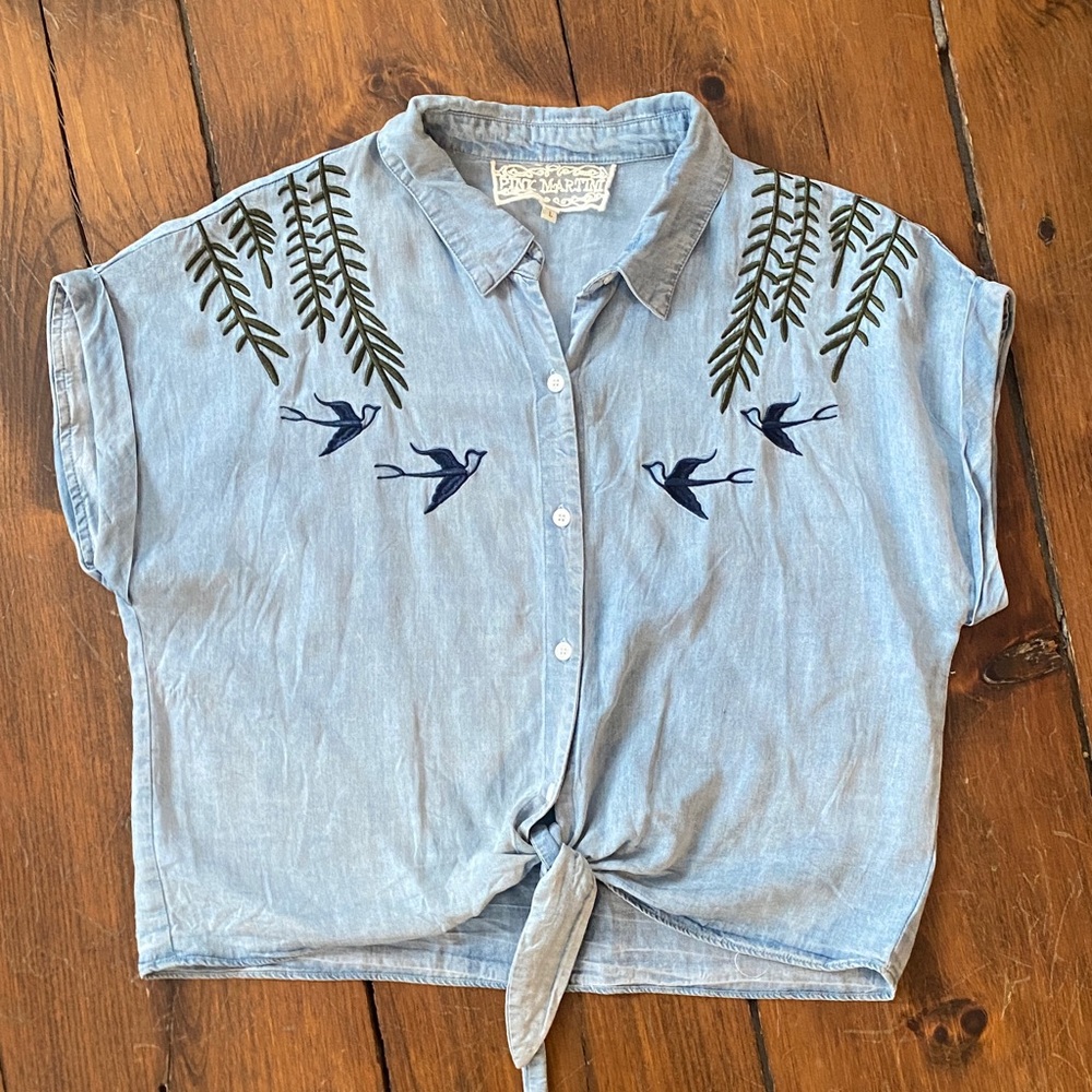 Pink Martini Light Blue Embroidered Top